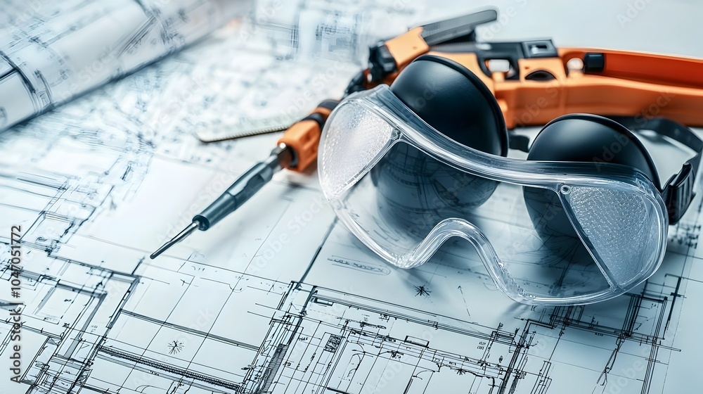 Poster set of safety goggles and ear defenders resting on a blueprint drafting table in an industrial or en