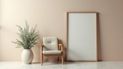Minimalist living room with wooden chair and mirror.