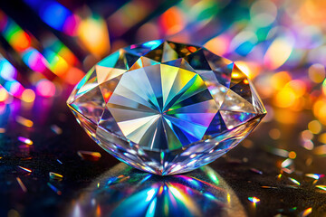 A sparkling diamond with vibrant reflections, showcasing brilliant colors against a blurred, multi-hued background.