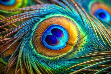 Obraz premium A close-up of vibrant peacock feathers showcasing mesmerizing patterns of blue, green, and gold, highlighting their intricate details and natural beauty.