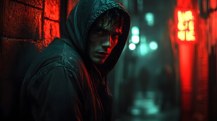 A man in a hoodie standing in a dimly lit alley, his face showing fear and anxiety, glancing over his shoulder, full-body shot, 4K resolution