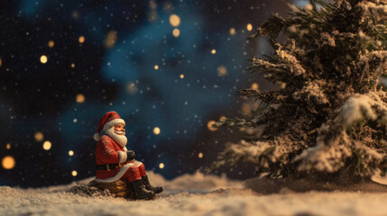 A small Santa Claus figure sitting in a snow-covered landscape under a starlit sky, encapsulating a magical Christmas night theme in an evocative design.