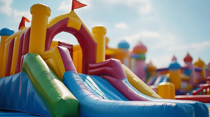 Colorful inflatable bounce house with slides and towers, set outdoors under a blue sky, perfect for children's playtime and fun activities at events.