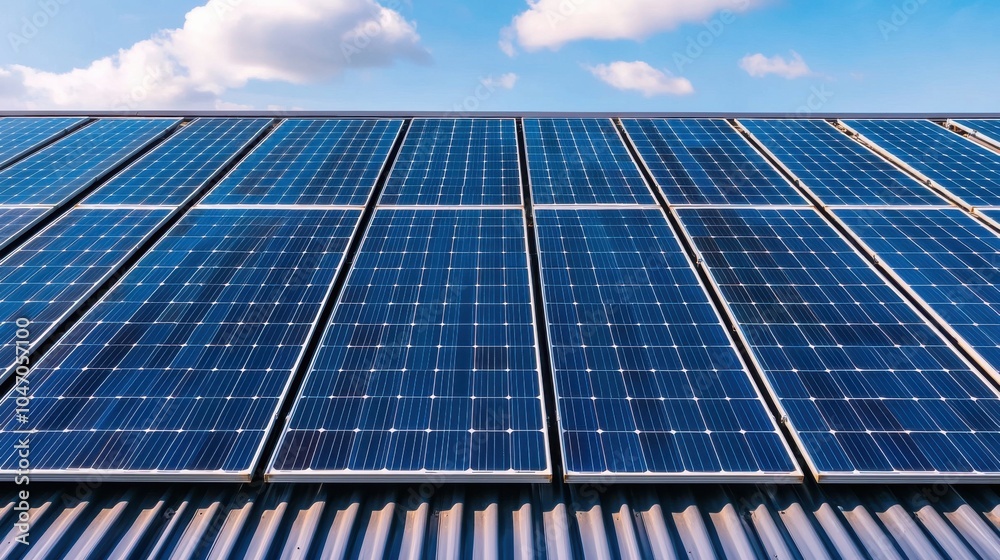 Wall mural a clean, blue sky provides a backdrop for solar panels, capturing sunlight for renewable energy on a