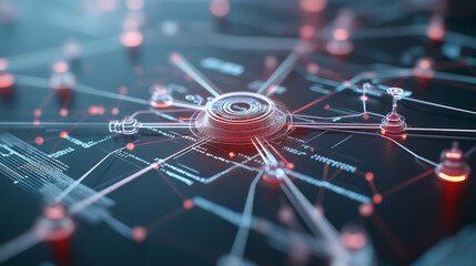 A futuristic digital network interface with glowing red nodes and complex data connections, illustrating advanced technology and interconnected systems in a virtual environment.