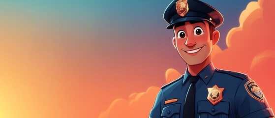 Confident and approachable cartoon police officer, exuding safety and reliability while smiling warmly against a bright backdrop