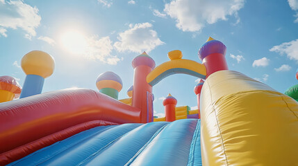 Colorful inflatable bounce house against a bright blue sky with fluffy clouds on a sunny day, perfect for outdoor fun and children's activities.
