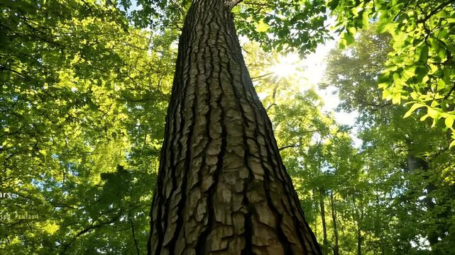 stunning view sunlight streaming leaves tall trees overhead beautiful morning Park large tree trunk prominently features captivating 4K footage forest light