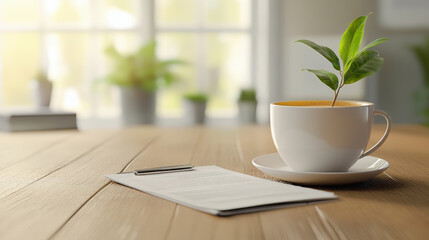 A cup with a plant growing inside sits on a wooden table next to a clipboard, creating a serene, nature-inspired workspace scene.