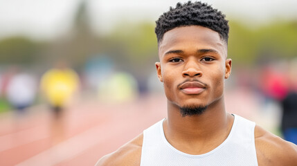 Fototapeta premium A young athlete stands on a track, wearing a white tank top, looking focused and ready for competition. The background is softly blurred.