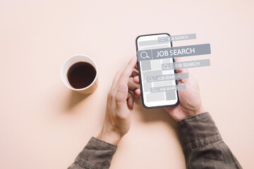Recruitment and dream job concepts with person using smart phone find a job with search bar.business opportunities