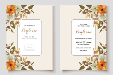 WEDDING INVITATION FRAME WITH FLOWER DECORATIONS AND FRESH LEAVES