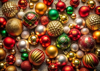 Aerial View of Colorful Christmas Ornaments on a Festive Background