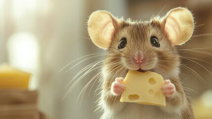 Fototapeta premium A close-up of an adorable mouse holding a piece of cheese, with generous copy space on the side for text or graphics.