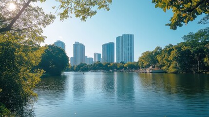 Fototapeta premium An urban riverbank with a mix of modern buildings, trees, and people enjoying nature.