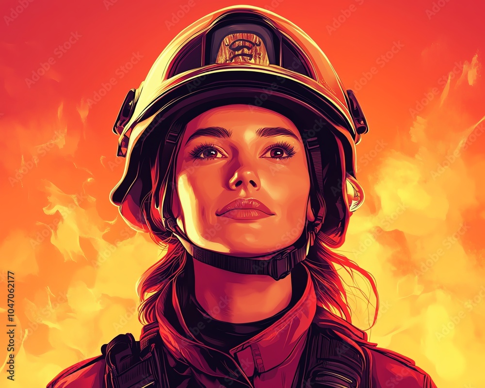 Wall mural energetic illustration of a confident female firefighter in protective gear and helmet, prepared to 