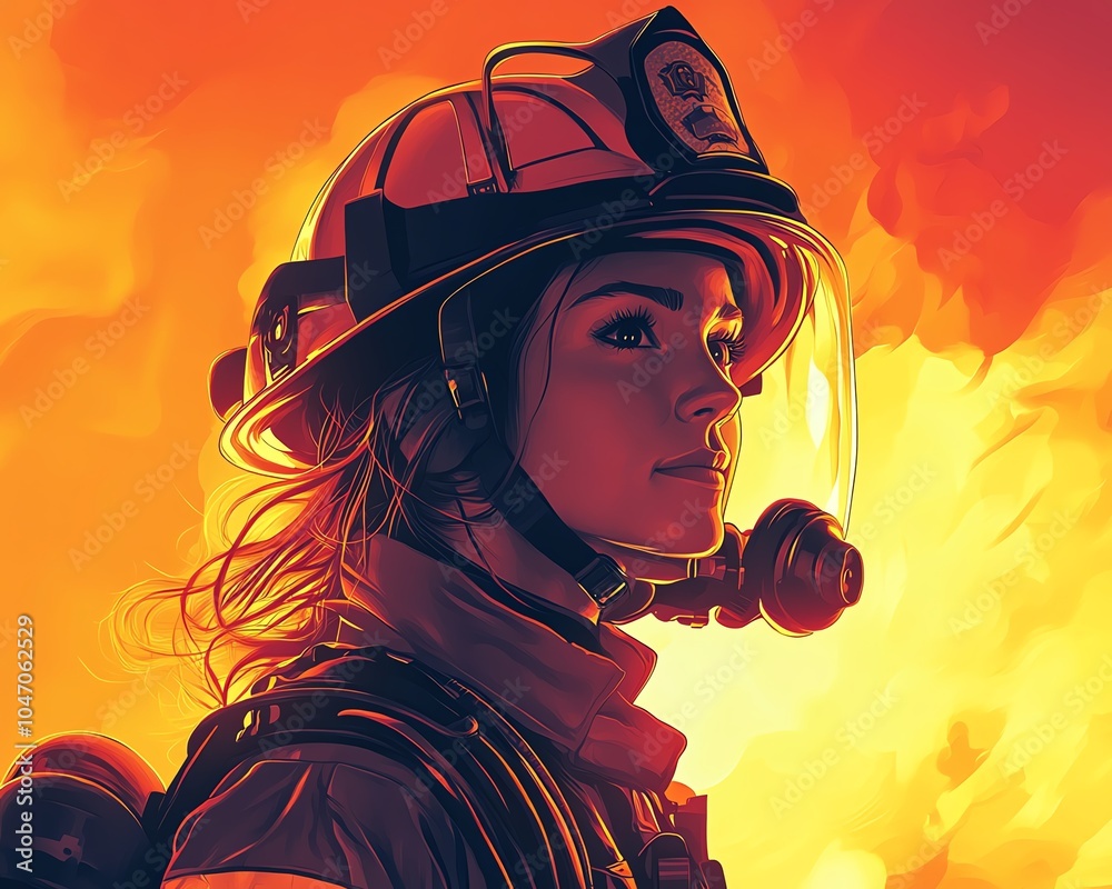 Wall mural energetic illustration of a confident female firefighter in protective gear and helmet, prepared to 