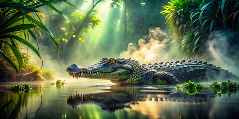 Alligator in Misty Swamp Waters - Mysterious Nature Photography for Wildlife Enthusiasts