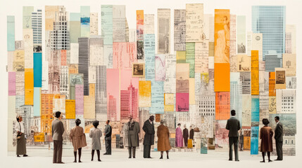 Fototapeta premium People observe a collage of colorful papers and architectural drawings, depicting a cityscape in an artistic and abstract manner.