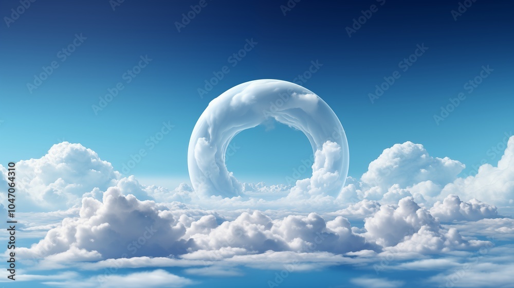 Poster blue background with floating white clouds and a circular shape, perfect for a fresh and airy design