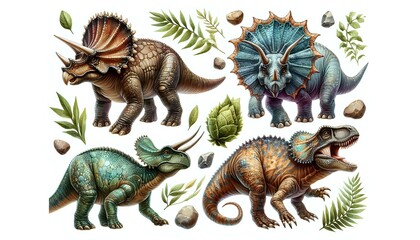 Obraz premium Colorful Dinosaur Illustrations with Botanical Elements