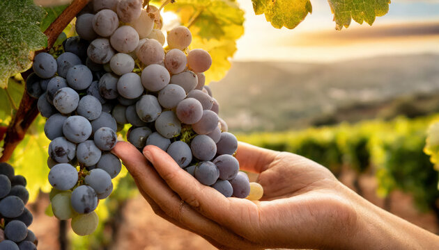 Mano sosteniendo un racimo de uvas maduras en un vi&ntilde;edo durante la cosecha, al atardecer.