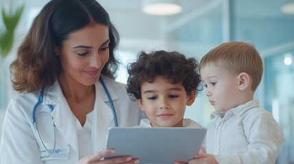 A doctor shows two young children something interesting on a tablet, fostering engagement and curiosity in a cheerful and educational setting.