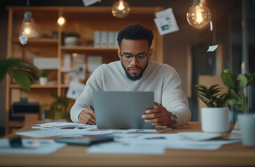 Obraz premium A determined entrepreneur reviews property trends with a laptop and papers in a studio