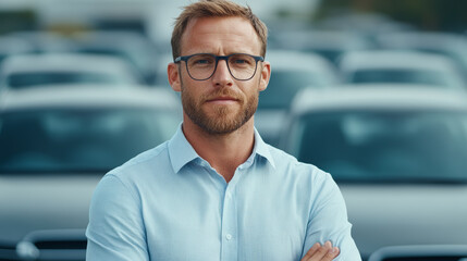 Fototapeta premium A man in a light blue shirt stands confidently with arms crossed, surrounded by parked cars in a dealership lot.