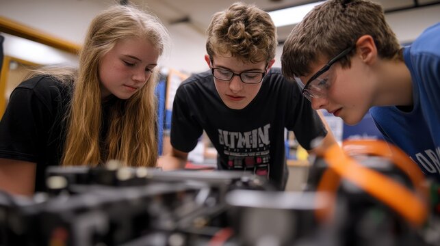 A high school robotics team working on their project, promoting STEM education and teamwork