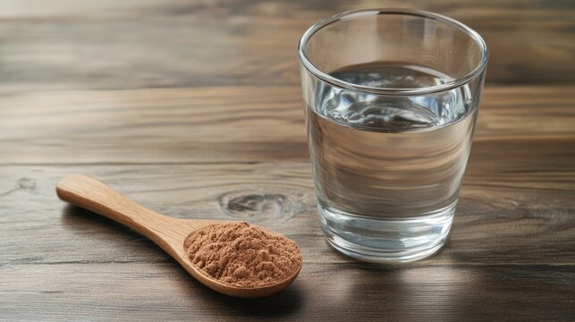 A glass of water and a scoop of collagen protein powder. Supplements for food, beauty, and health
