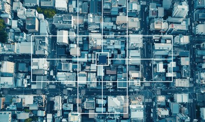 Aerial view of a densely packed urban area, featuring numerous buildings organized into a grid-like pattern with outlined sections. - Powered by Adobe