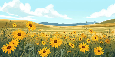 Rudbeckia flowers in a prairie landscape with distant hills, illustration art