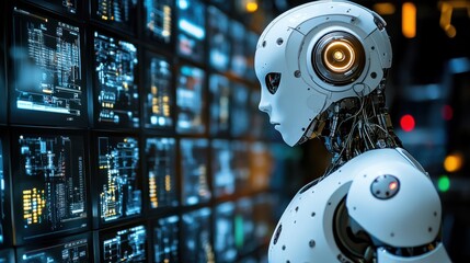 Fototapeta premium Advanced humanoid robot in a control center - generative ai
