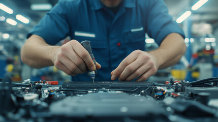 A technician in a blue uniform precisely works on electronic circuitry, using a screwdriver. The background is an industrial setting with blurred machinery.