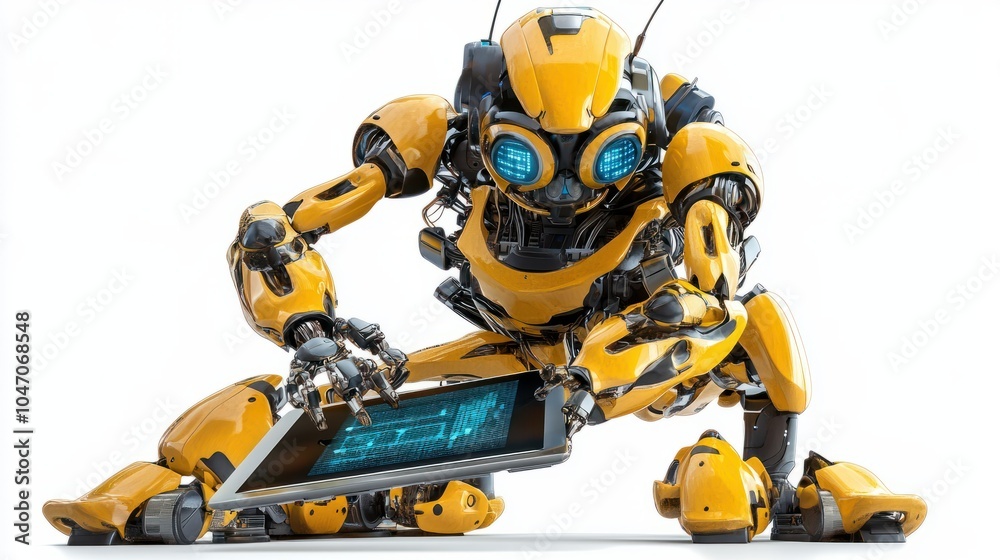 Poster ai robot using tablet isolate on transparency background png