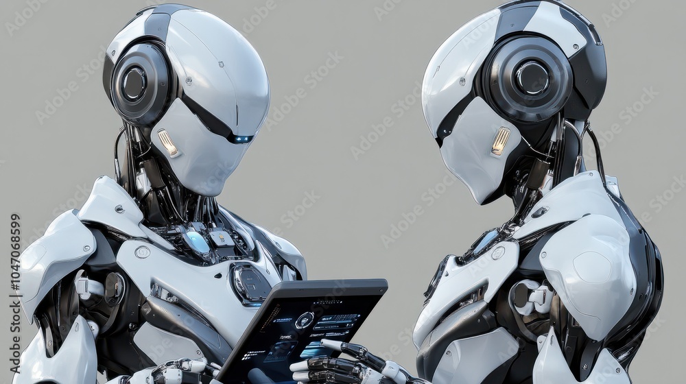 Poster ai robot using tablet isolate on transparency background png