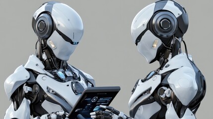 Fototapeta premium Ai robot using tablet isolate on transparency background PNG
