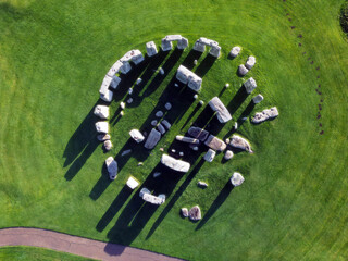 Drone view of Stonehenge and Wiltshire Countryside in England, UK. The stone circle dates to 3000 BC and is one of the best known ancient wonders of the world and UNESCO World Heritage Site.