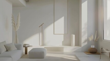 Fototapeta premium A minimalist Scandinavian-inspired living room design featuring a white canvas backdrop, furnished with sleek Scandinavian furniture arrangements, Nordic minimalism style