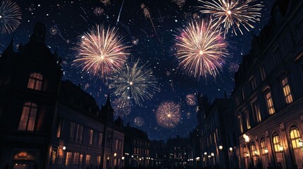 Obraz premium A night sky filled with fireworks in celebration over a European plaza, leaving space for text at the bottom.