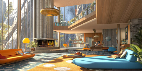 Modern futuristic interior of a luxury unique home with curvilinear architecture and furniture decoration.