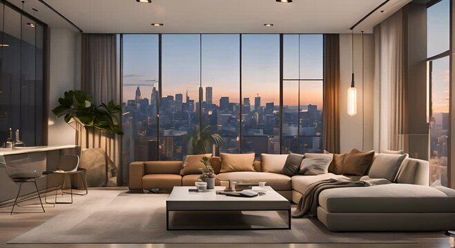 Modern city apartment with a large couch grudge walls and canvas 4K