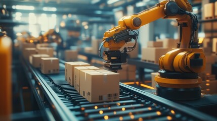 Fototapeta premium Automated robotic arms sorting packages on a conveyor belt in a warehouse setting, showcasing modern industrial automation technology.