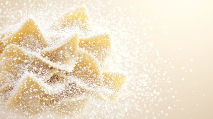 A close-up of a pile of raw pasta dusted with flour, with a light brown background.