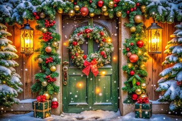 Fototapeta premium Charming Christmas Decorations Around Front Door for Festive Holiday Spirit