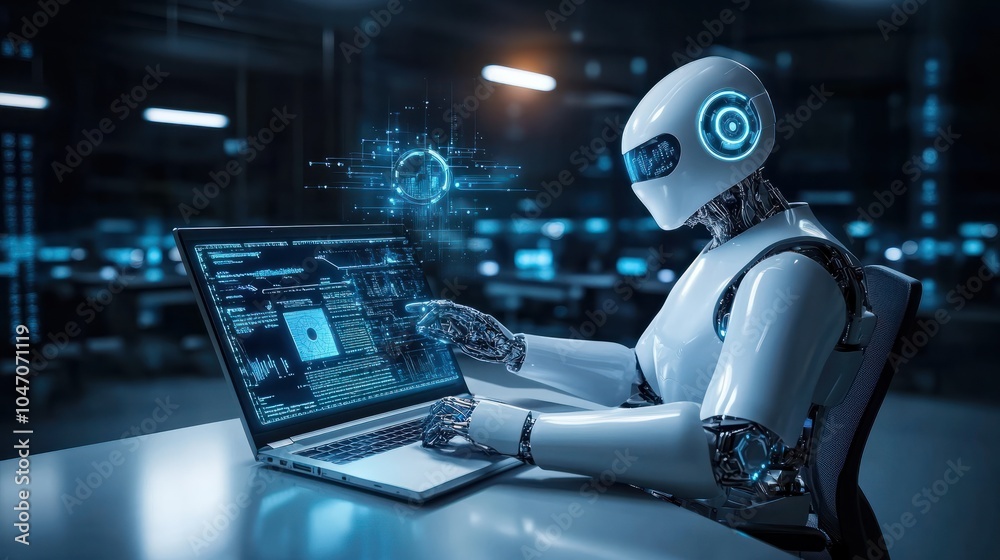 Poster data science, digital technology concept. computer science engineer programming on laptop at smart o