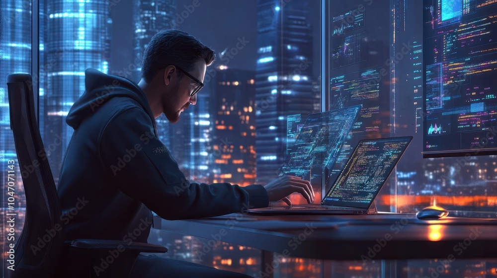 Poster data science, digital technology concept. computer science engineer programming on laptop at smart o
