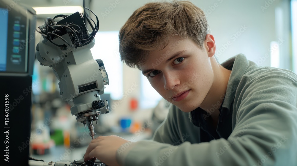 Poster engineering student assembling a robotic arm using a computer in a technology workshop. service engi