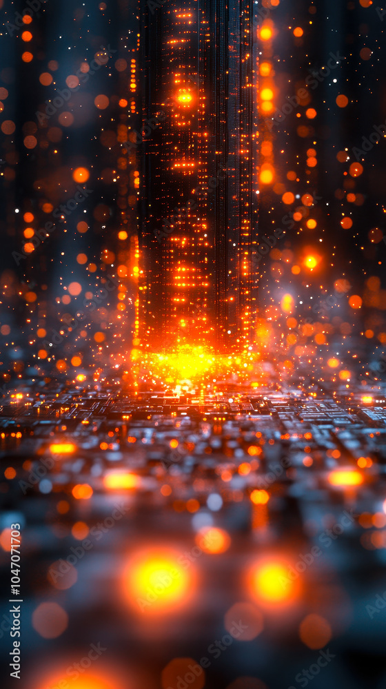 Poster futuristic quantum computer emitting glowing particles symbolizing advanced computing power